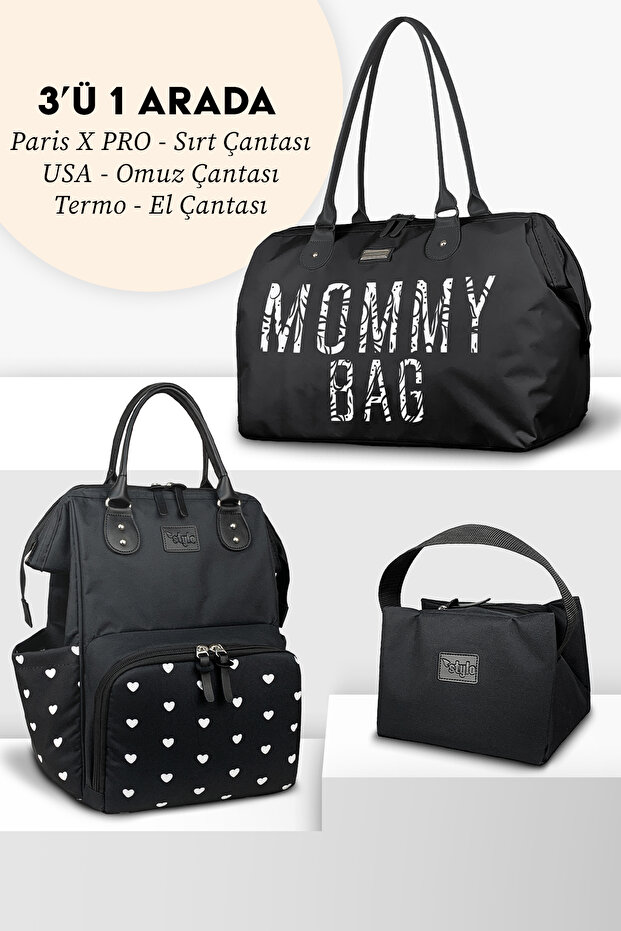 X Pro Kalpli Anne Bebek Sırt Çantası Omuz Çantası Ve Biberonluk Çantası 3'lü Set - 1