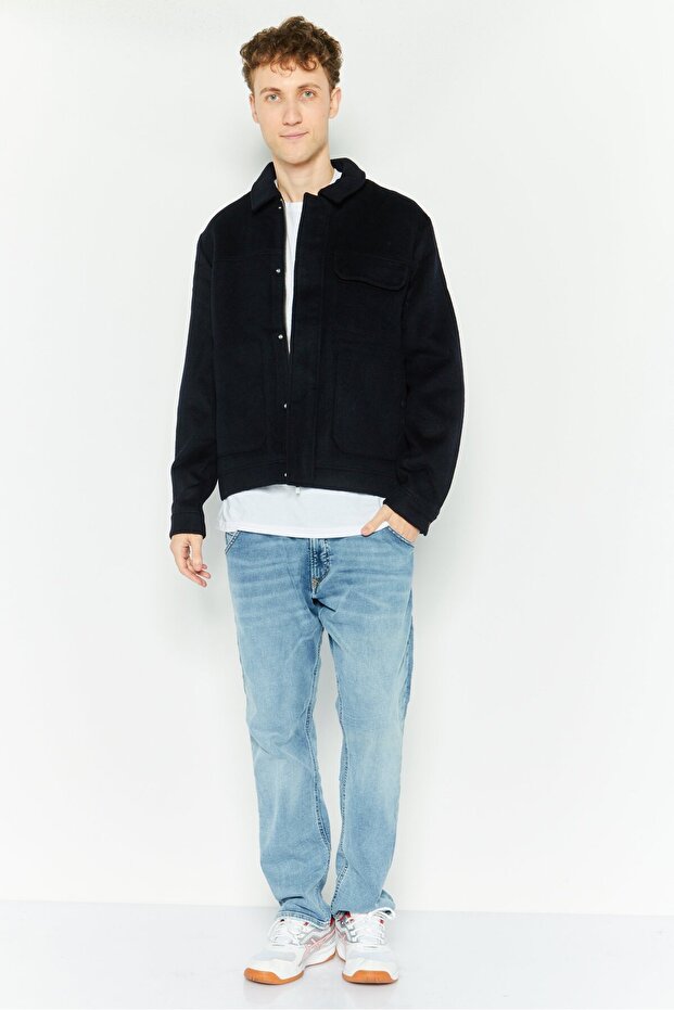 Men Solid Jacket Shirt, Navy - 2