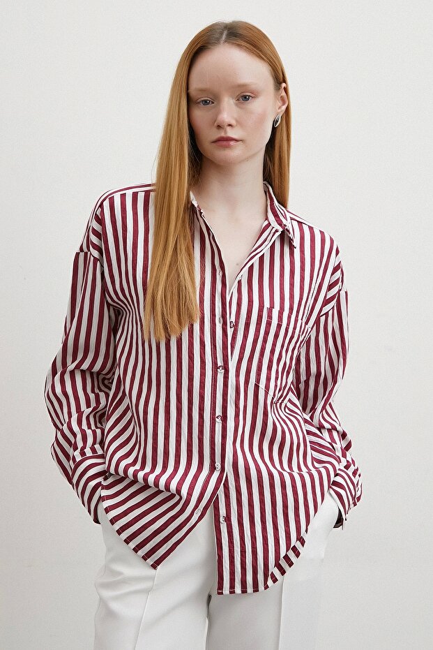 Multi Çizgili Cepli Gömlek Bordo - 1