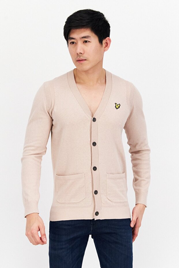 Men V-Neck Long Sleeve Embroidered Logo Knitted Cardigan, Beige