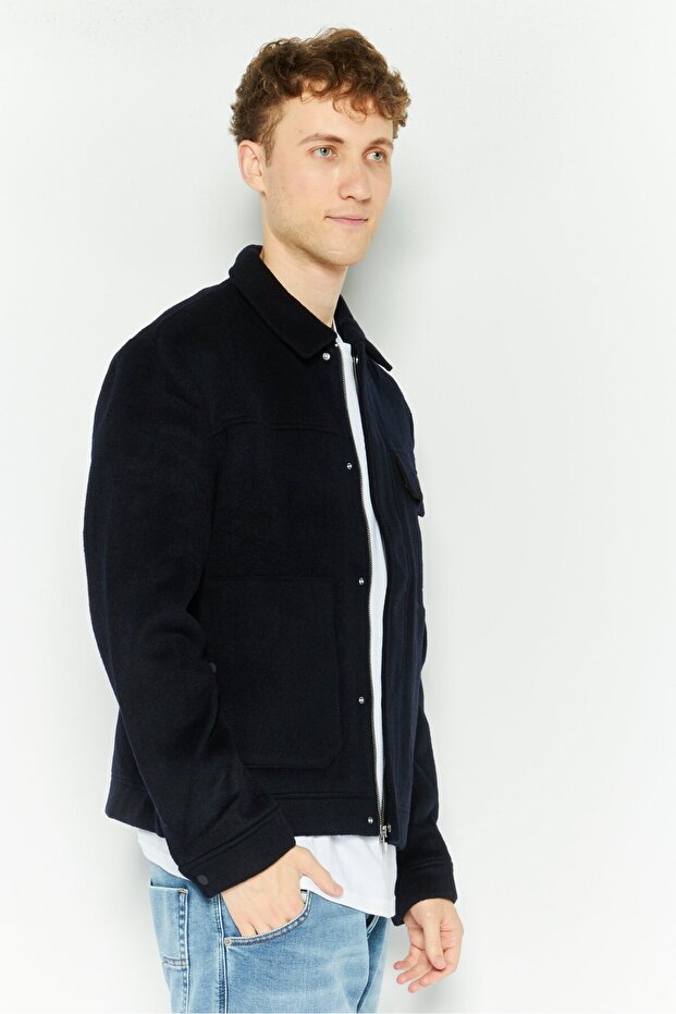 Men Solid Jacket Shirt, Navy - 3