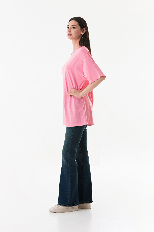 Basic Oversize Bisiklet Yaka Tişört - 6