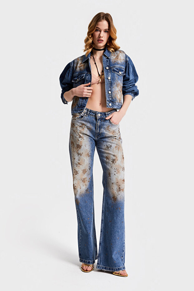 Women's T.Kot Color 4S568 Shiny Stone Design Baggy Flare Fit Denim Jeans