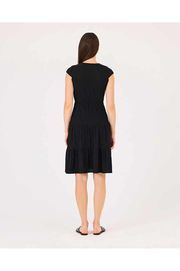 Kruvaze Yaka Elastik Bel Elbise - 6