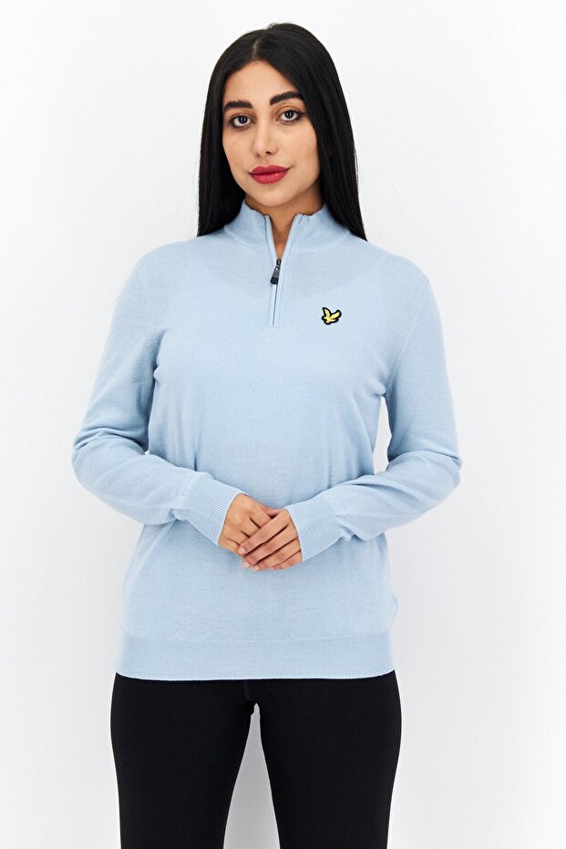 Women Mock Neck Long Sleeves Embroidered Logo Sweater, Light Blue