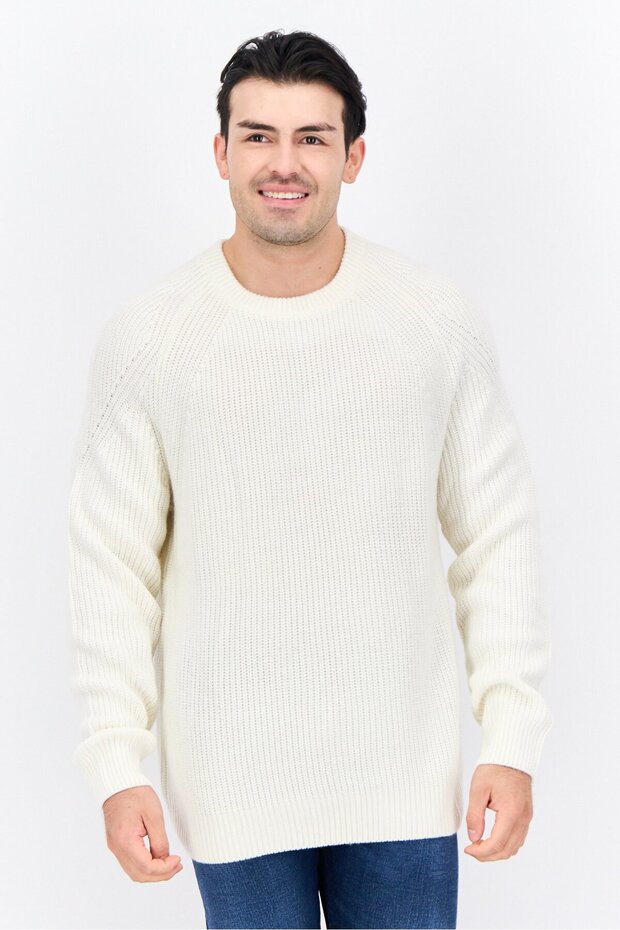 Men Crew Neck Knitted Sweater, Ivory