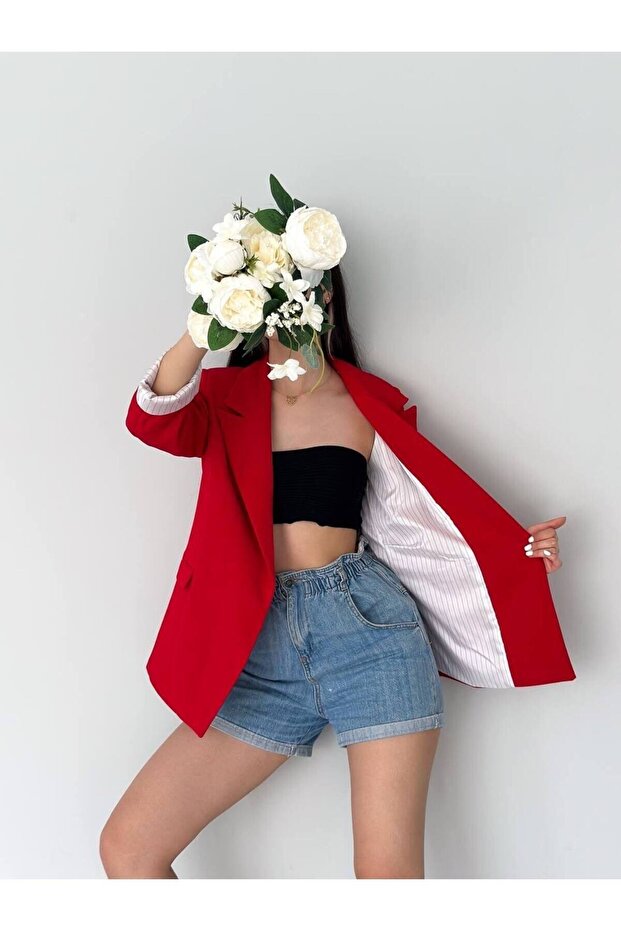 Double-Breasted Neck Buttonless Pocketed Striped Lined Roll-Up Sleeve Blazer Jacket