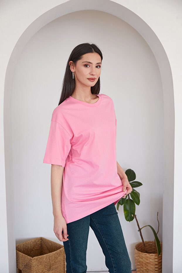 Basic Oversize Bisiklet Yaka Tişört - 1