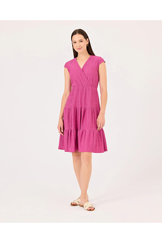 Kruvaze Yaka Elastik Bel Elbise - 1