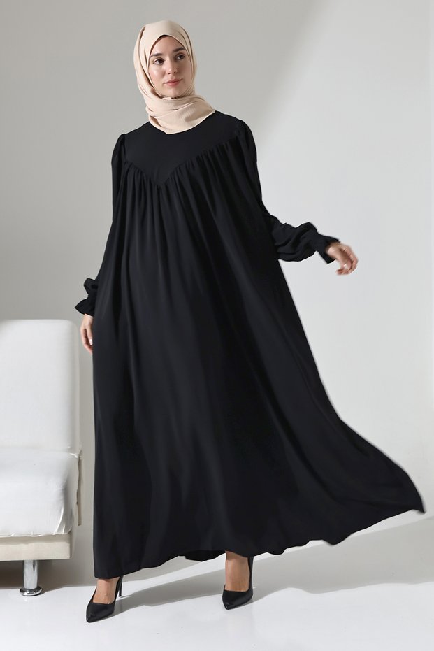 Hijab Dress Black Robadan V Gathered Cuff Elastic Oversize