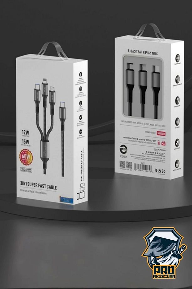 60W Type-C Süper Fast PD Şarj Kablosu 3in1 iPhone Samsung Xiaomi Hızlı Şarj Data USB Kablo Kopmayan - 6