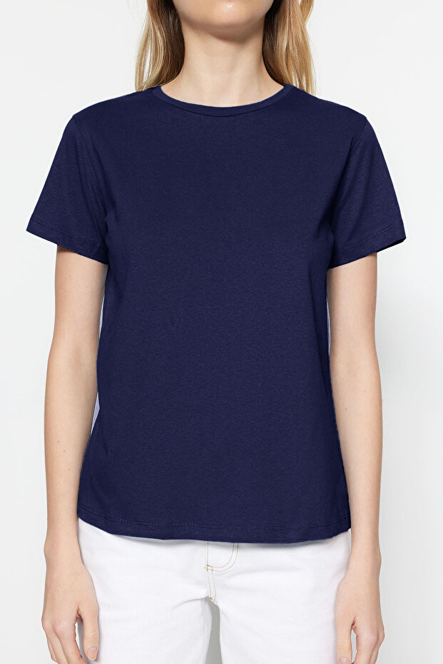 Bordo-Lacivert Basic %100 Pamuk Bisiklet Yaka 2'li Paket Örme T-Shirt TWOSS20TS0141 - 6