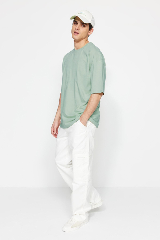 Koyu Mint Oversize/Geniş Kesim %100 Pamuk Kısa Kollu Basic T-Shirt TMNSS22TS0318 - 4
