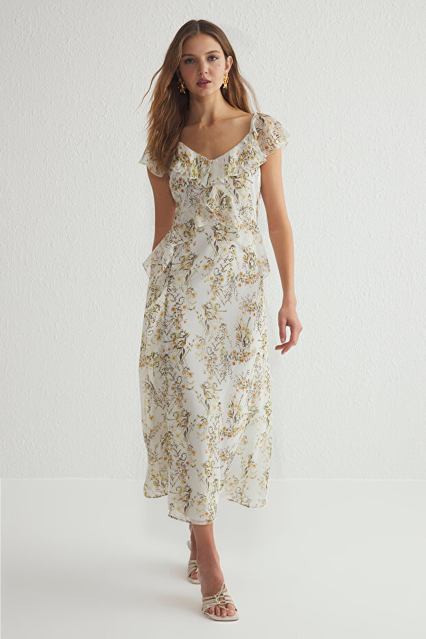 Biała, kwiatowa, falbaniasta sukienka maxi z szyfonu w kształcie litery A z lejącej tkaniny TWOSS25EL00019 - 1