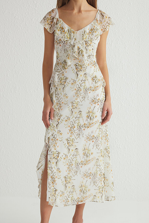 Biała, kwiatowa, falbaniasta sukienka maxi z szyfonu w kształcie litery A z lejącej tkaniny TWOSS25EL00019 - 3