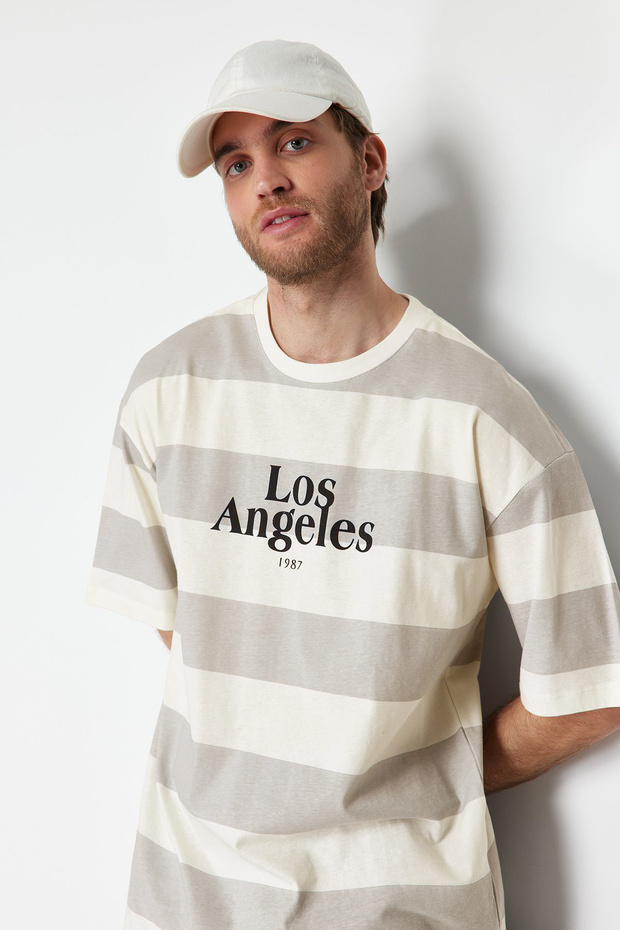 Taş Oversize/Geniş Kesim Çizgili Şehir Baskılı %100 Pamuklu T-Shirt TMNSS24TS00062 - 3
