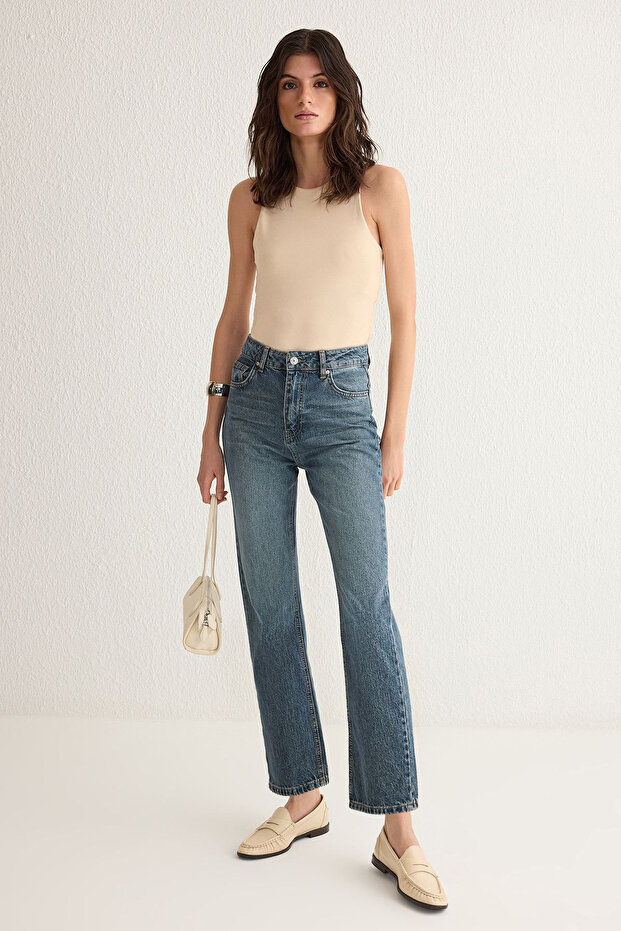 Mavi Yüksek Bel Düz Kesim Straight %100 Pamuk Non-Stretch Jeans TWOSS25JE00106 - 1