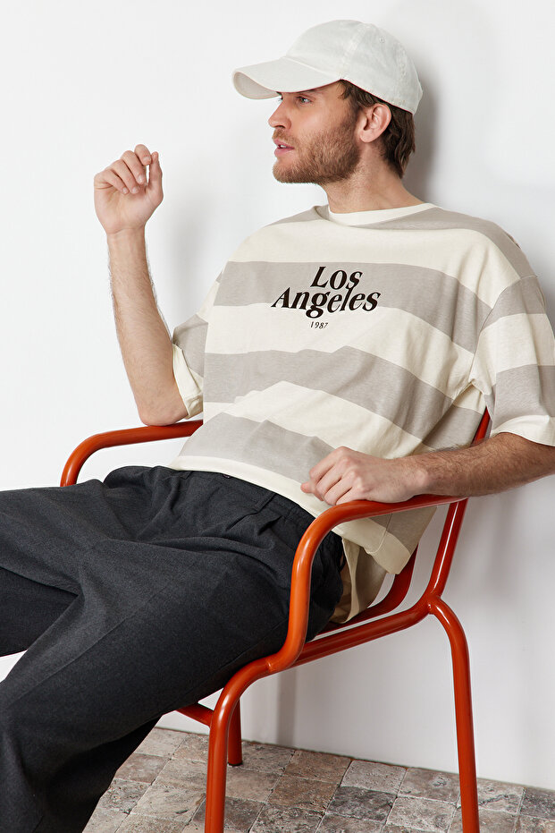 Taş Oversize/Geniş Kesim Çizgili Şehir Baskılı %100 Pamuklu T-Shirt TMNSS24TS00062 - 1