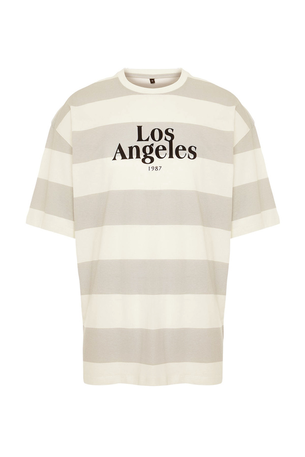 Taş Oversize/Geniş Kesim Çizgili Şehir Baskılı %100 Pamuklu T-Shirt TMNSS24TS00062 - 7