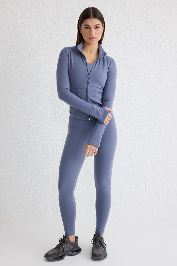 Indigo Fırçalı Soft Kumaş Baş Parmak Delikli Örme Spor Ceket/Sweatshirt THMAW25SK00001 - 2