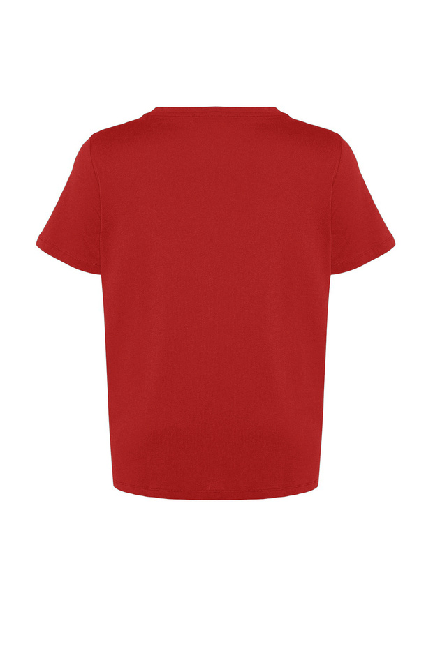 Kırmızı V Yaka Basic %100 Pamuk Örme T-Shirt TBBSS22BF0028 - 7