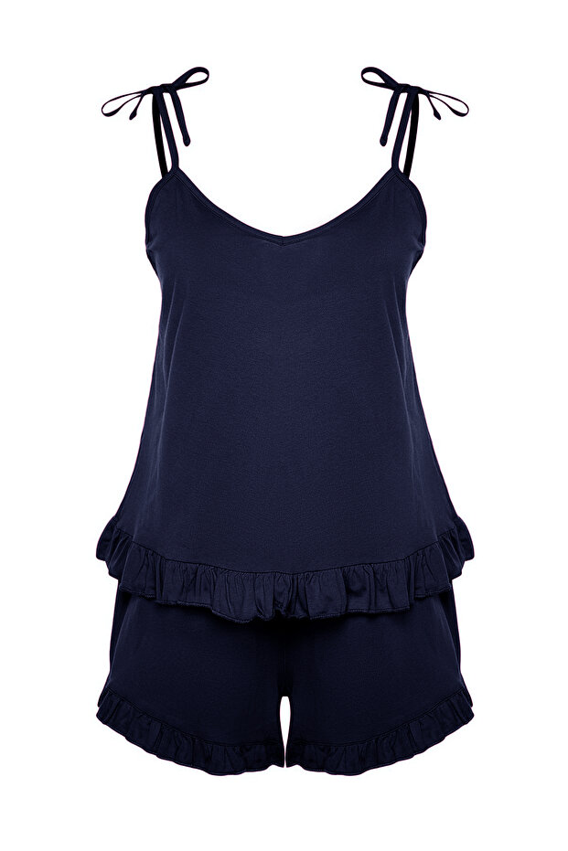 Lacivert Askılı Örme Fırfır Detaylı Şortlu Pijama Takımı TBBSS22PT0564 - 5