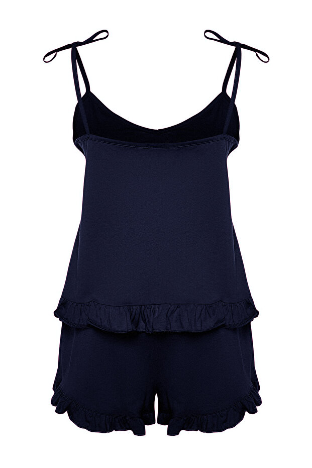 Lacivert Askılı Örme Fırfır Detaylı Şortlu Pijama Takımı TBBSS22PT0564 - 6
