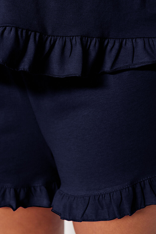 Lacivert Askılı Örme Fırfır Detaylı Şortlu Pijama Takımı TBBSS22PT0564 - 4