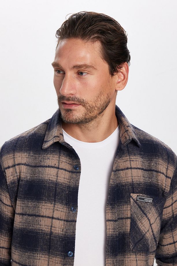 Erkek Slim Fit Dar Kesim Oduncu Tek Cep Kareli Kışlık Gömlek - 2