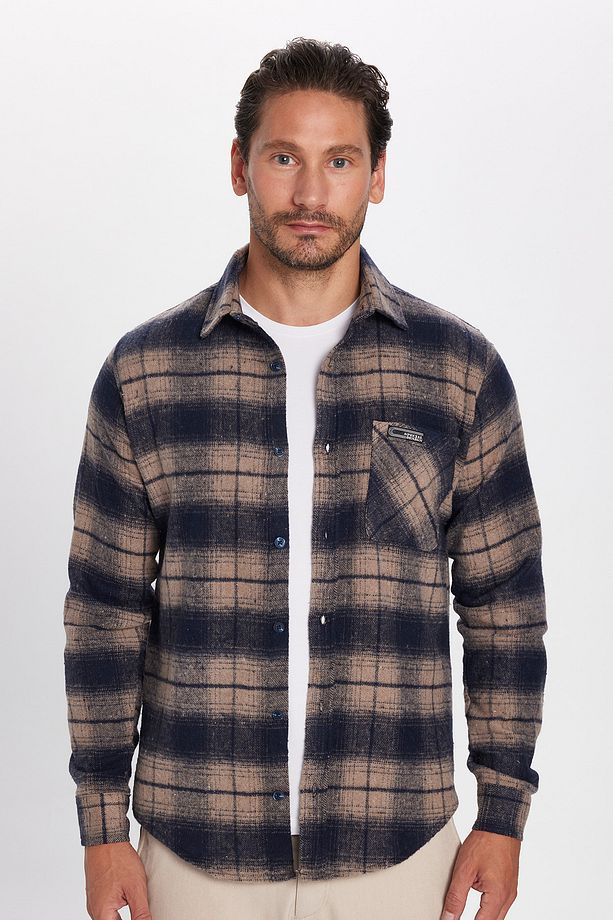 Erkek Slim Fit Dar Kesim Oduncu Tek Cep Kareli Kışlık Gömlek - 4