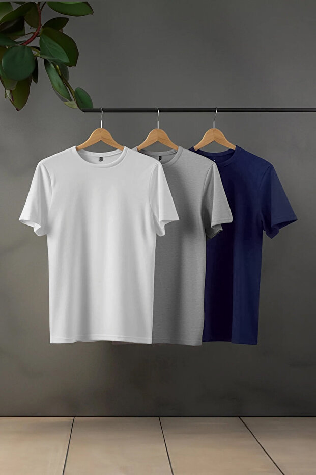 Unisex Lacivert-Gri-Ekru 3'lü Paket Siyah Slim/Dar Kesim Basic %100 Pamuk T-Shirt TMNSS19BO0007 - 1