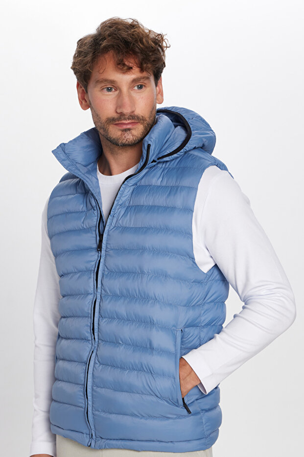 Men's Slim Fit Wind-Resistant Blue Inflatable Vest with Removable Hood and Pockets