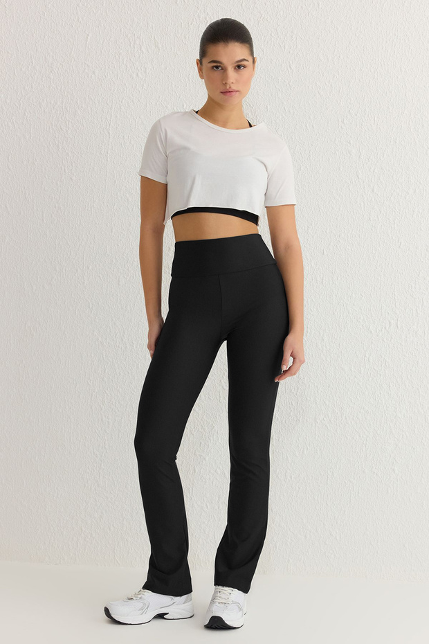 Siyah Tam Boy Straight Cut Toparlayıcı Dalgıç Örme Spor Tayt THMSS25TY00009 - 3