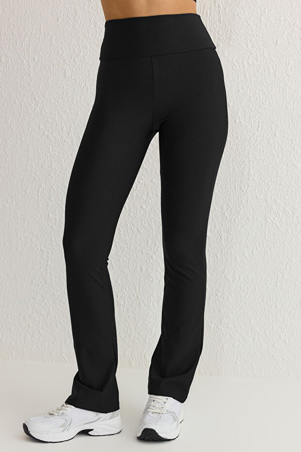 Siyah Tam Boy Straight Cut Toparlayıcı Dalgıç Örme Spor Tayt THMSS25TY00009 - 5