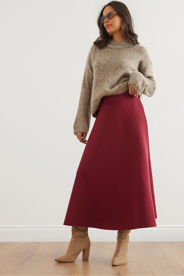 Women's Burgundy Maxi Flared Puff Scuba Skirt Etk- 19000296