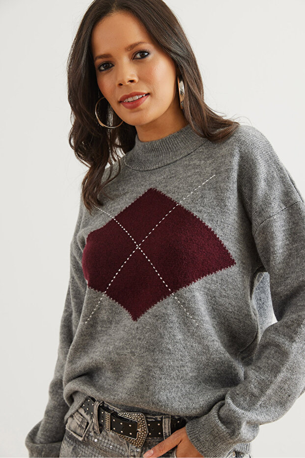 Women's Gray Diamond Patterned Half Fisherman Knit Sweater Kzk- 19000961