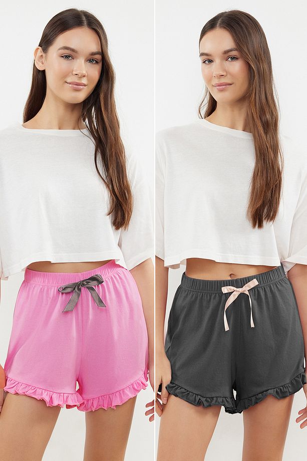 Gri-Pembe 2'li Paket Pamuklu Fırfırlı, Kurdele/Fiyonk Detaylı Örme Pijama Altı THMSS24PJ00027 - 4