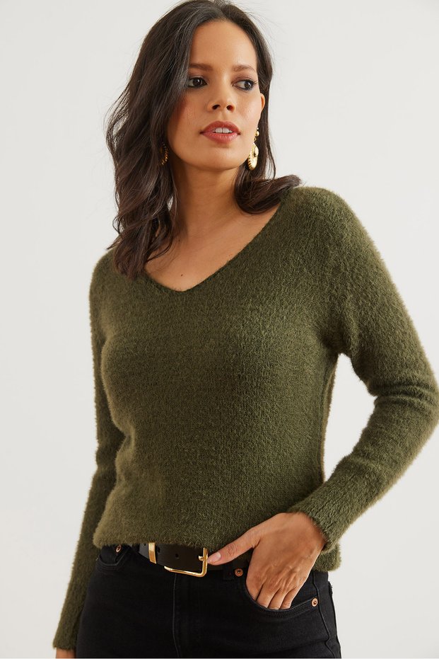 Women's Khaki V-Neck Soft Textured Beard Knitwear Sweater Kzk- 19000860