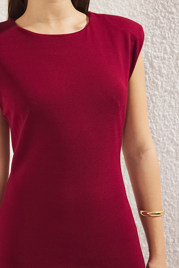 Bordo Fitted/Vücuda Oturan Vatkalı Esnek Midi Örme Elbise TWOSS25EL00113 - 6