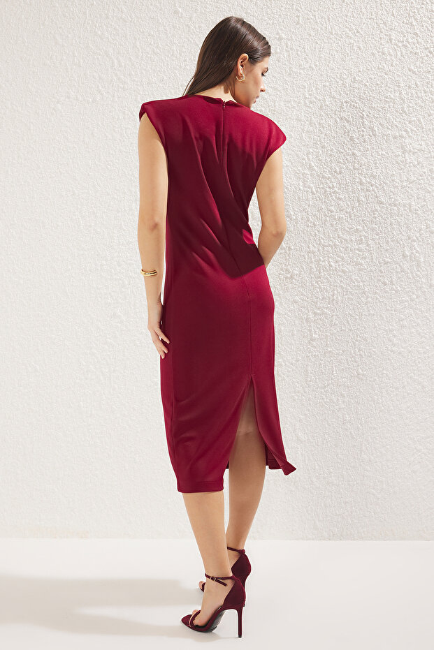 Bordo Fitted/Vücuda Oturan Vatkalı Esnek Midi Örme Elbise TWOSS25EL00113 - 7