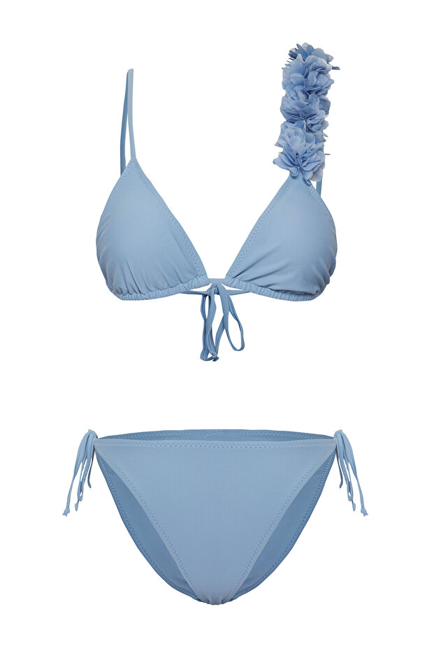 Mavi Üçgen Kaplı Çiçek Aplikeli Regular Bikini Takımı TBESS25BT00081 - 5