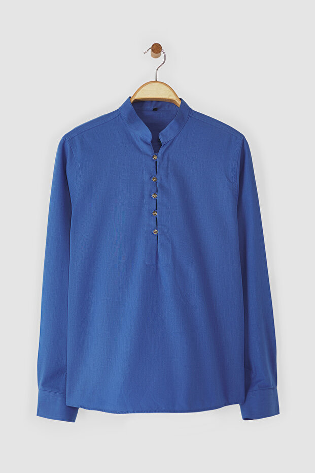 Koyu Mavi Slim Fit Yarım Patlı Düğmeli Hakim Yaka %100 Pamuklu Keten Görünümlü Gömlek TMNSS20GO0097 - 1