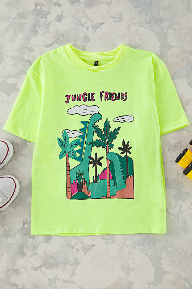 Yeşil Erkek Çocuk %100 Pamuk Dinazor Baskılı Regular Kalıp Kısa Kol Örme T-Shirt TKDSS25TS00069 - 1