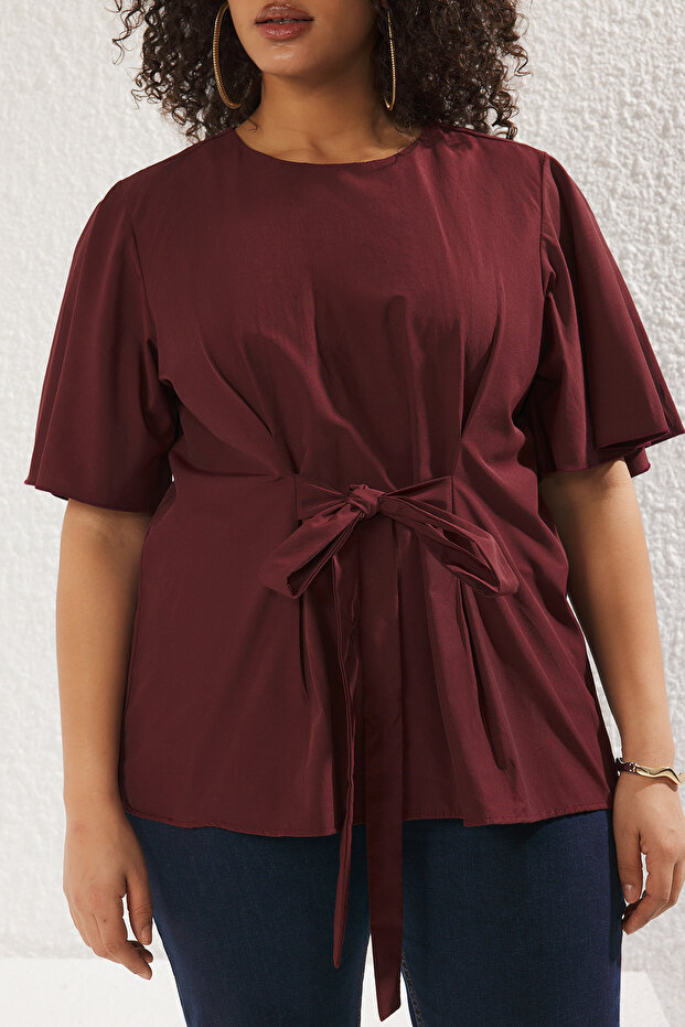 Bordo Bağlama Detaylı Dokuma Büyük Beden Bluz TBBSS22BZ1316 - 3