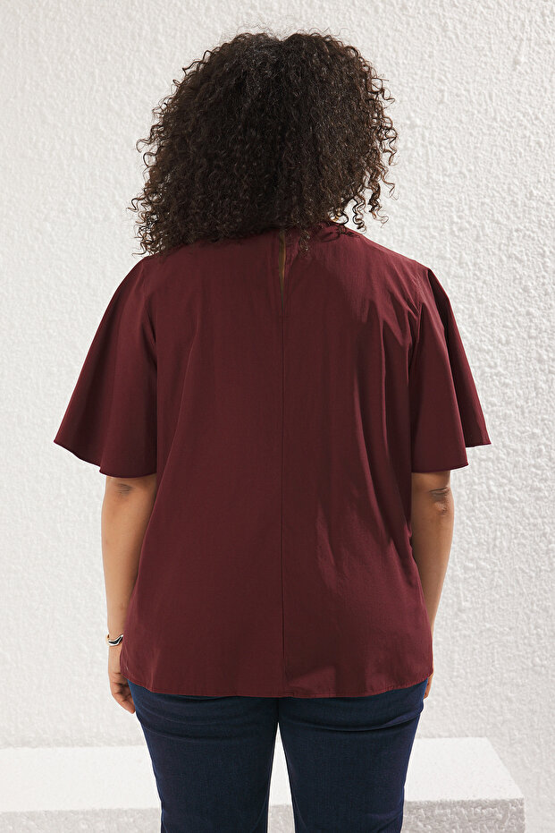 Bordo Bağlama Detaylı Dokuma Büyük Beden Bluz TBBSS22BZ1316 - 5