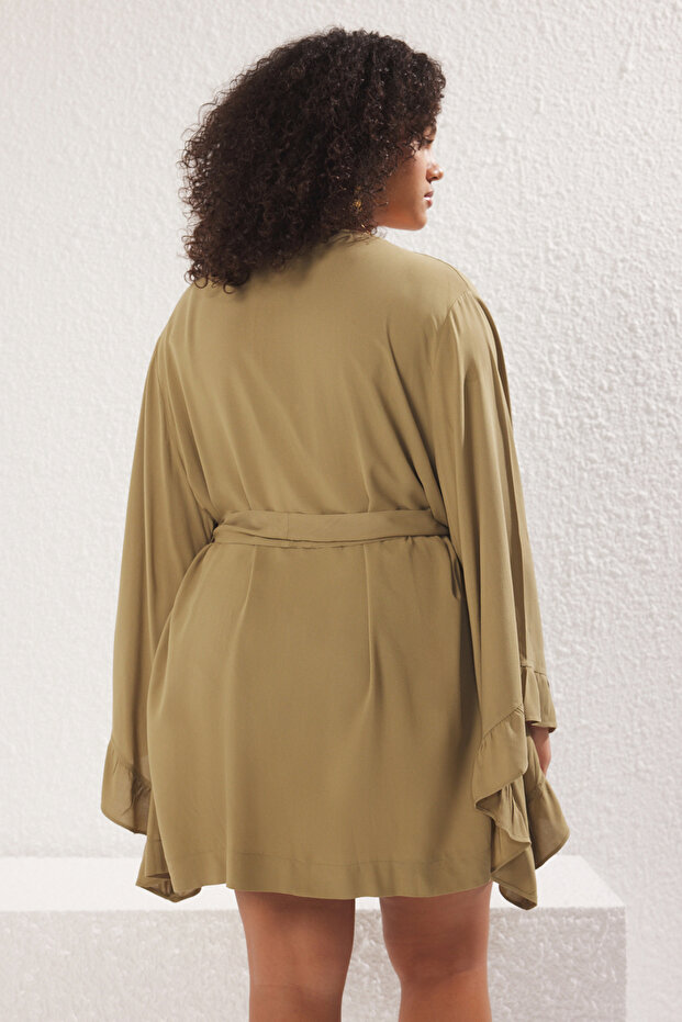 Haki Kolu Fırfırlı Volanlı Viskon Plaj Giyim Dokuma Büyük Beden Kimono&Kaftan TBBSS23DE00001 - 5