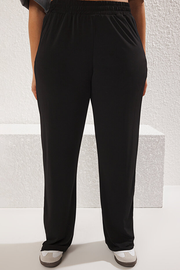 Siyah Yüksek Bel Geniş Paça Örme Pantolon TBBSS25AR00005 - 3