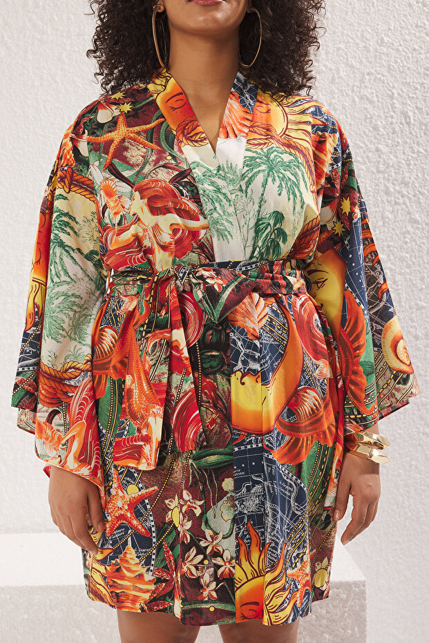 Çok Renkli Tropikal Desenli Kuşaklı Mini Dokuma Büyük Beden Kimono&Kaftan TBBSS25DE00004 - 3