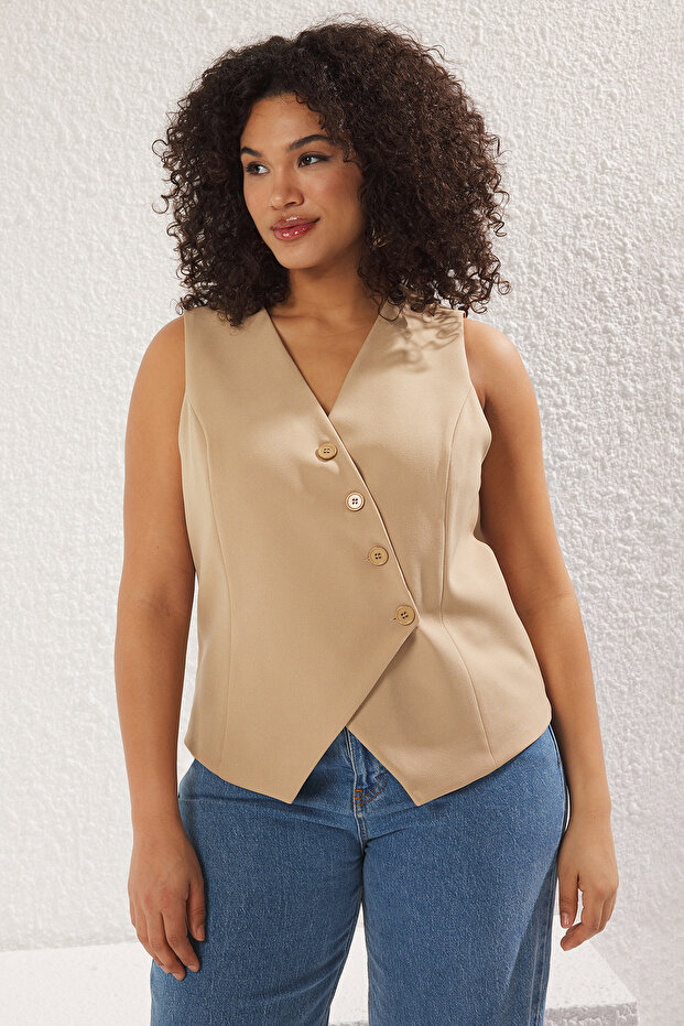 Mink Asymmetrical Button Plus Size Vest - Tbbss25Bh00000 - 1