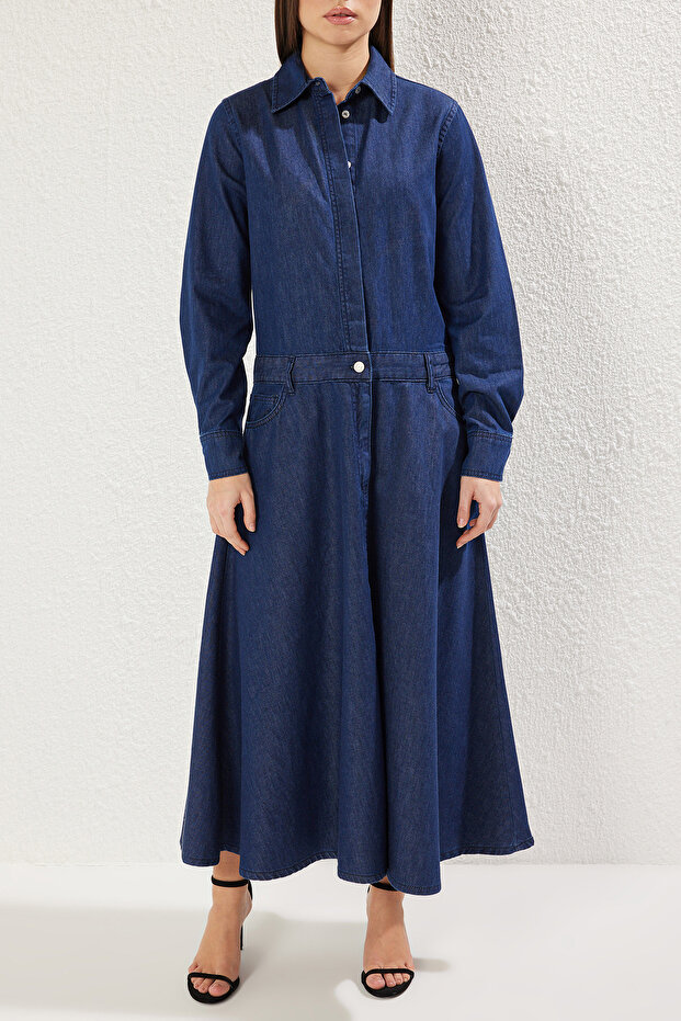 Koyu Mavi Eteği Volanlı Maxi Denim Gömlek Elbise TWOSS25EL00351 - 3